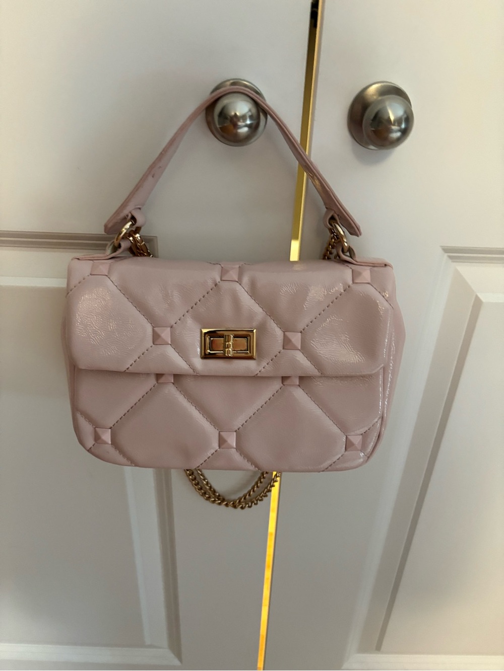 Call It Spring Quilted Patent Light Pink Shoulder Bag with Gold Hardware